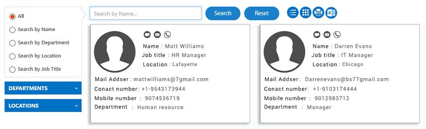 Employee Directory add-in allows you to choose different templates for the cards view of the contacts displayed.