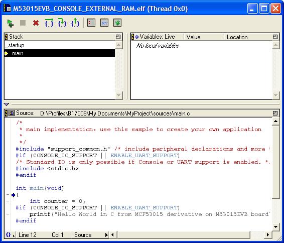 Debug Window (MyProject.mcp) c. From the main menu bar, select Project > Run debugger downloads program to the simulator and runs program; a new console window shows program Hello World output. d. From the main menu bar, select Debug > Kill the debug session ends; you may close all open windows.
