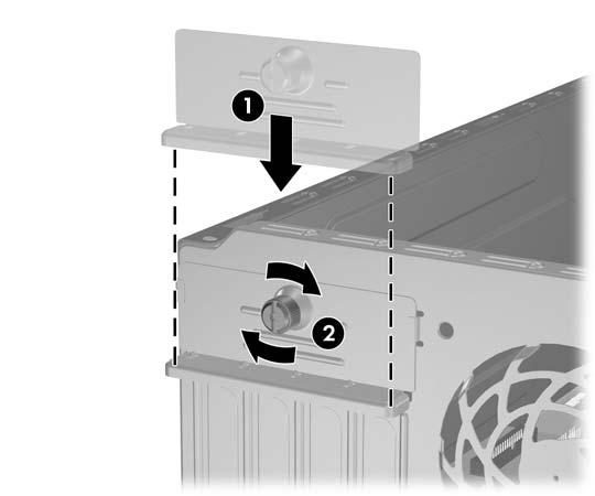 12. While holding the expansion card bracket against the chassis, slide the slot cover lock down toward the expansion card brackets and slot covers (1) to secure them in place then replace the