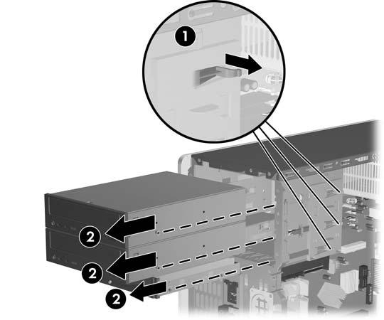 b. If you are removing a diskette drive, disconnect the data cable (1) and power cable (2) from the back of the drive. Figure 2-16 Disconnecting the Diskette Drive Cables 7.