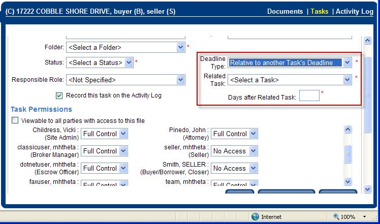 Tasks New Task Deadline Types Three new task deadline types have been added for selection when adding or editing tasks: Relative to another Task s Deadline Relative to Contract Start Date No Deadline