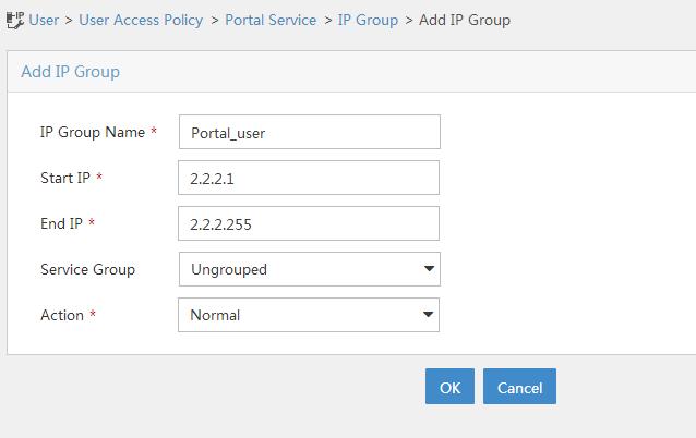 a. Select User Access Policy > Portal Service > IP Group from the navigation tree to open the portal IP address group configuration page. b. Click Add to open the page as shown in Figure 135. c. Enter the IP group name.