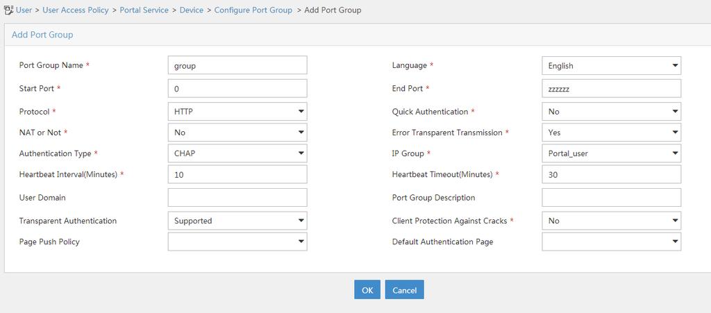 Figure 138 Adding a port group 5. Select User Access Policy > Service Parameters > Validate System Configuration from the navigation tree to validate the configurations.