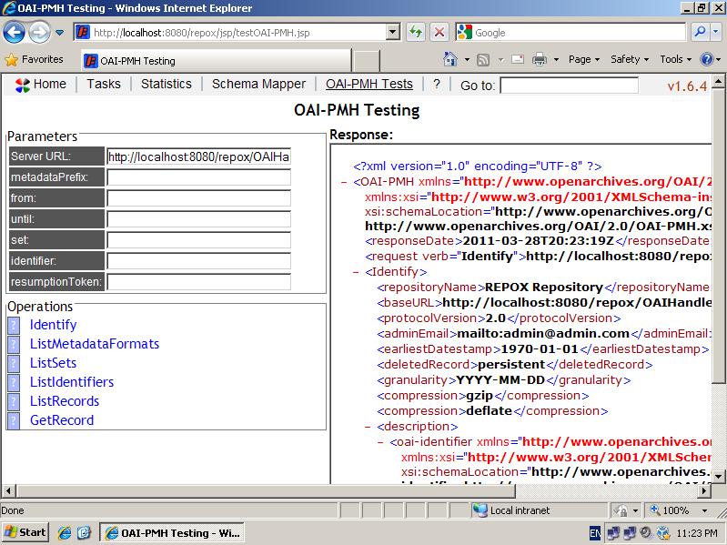 Step 2 Click on the link OAI-PMH Tests to activate the test interface