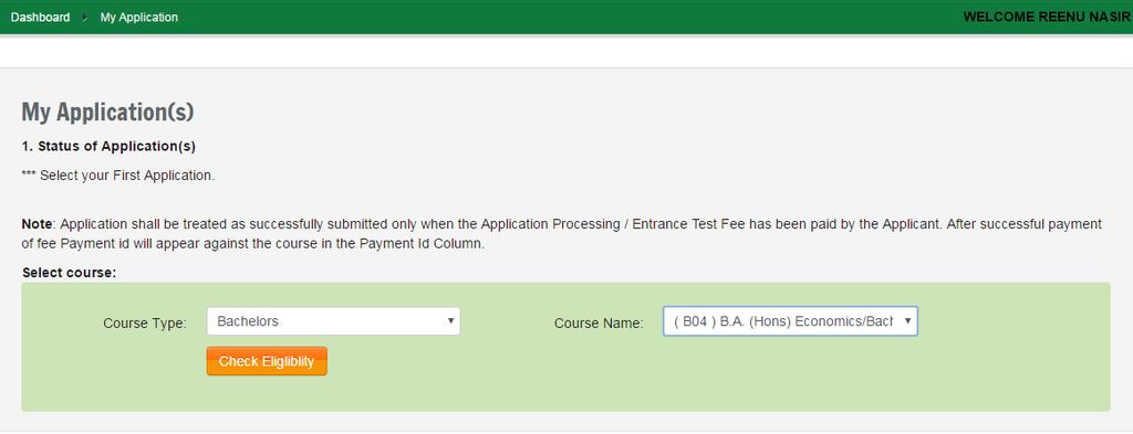 Please select course type and course name from the drop down boxes given at the