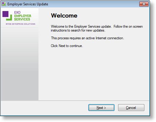 Installation 2. Go to the Help menu and select Upgrade Software Online. 3. The Employer Services Update wizard checks for updates, and displays the Update Available window for this release.