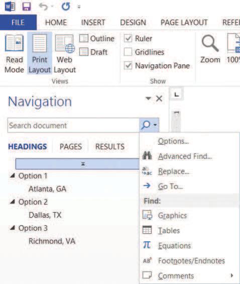 Basic Editing 51 Navigation Pane with the Results tab active; the Advanced Find command opens the Find and Replace dialog box with Find as the active tab; and the Go To command opens the same dialog