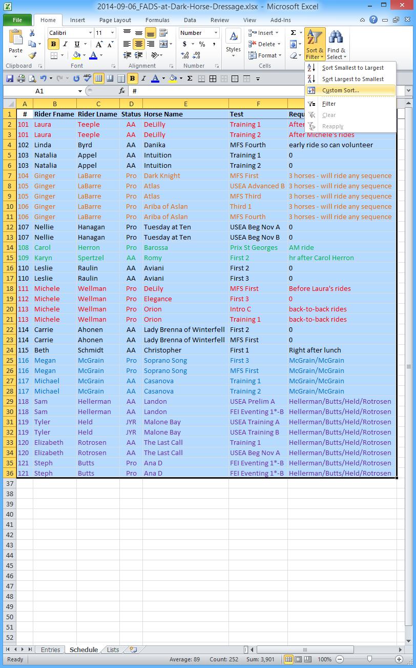 5. Next, sort the Schedule spreadsheet by test by ❶ highlighting all cells in the