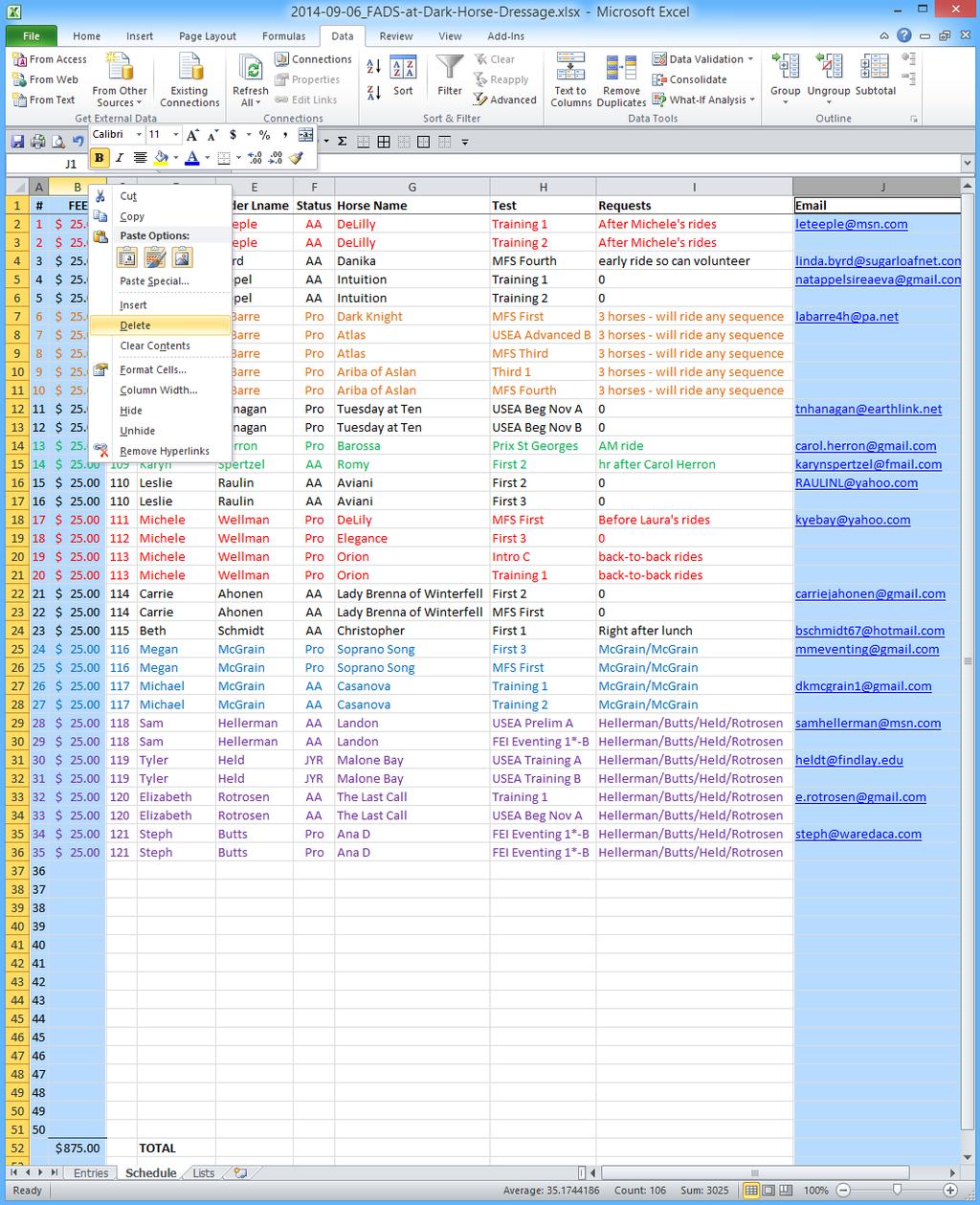 3. Using the ❶ Schedule spreadsheet, delete columns A (#), B (FEE) and J (Email) by ❷ highlighting the columns,