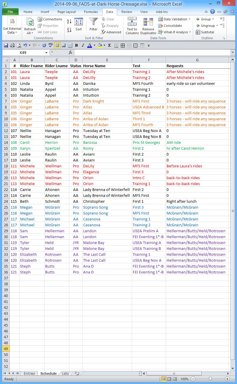 4. The Schedule spreadsheet now only has the columns seen
