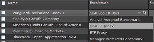 Benchmarks can also be updated for each individual fund by clicking the dropdown arrow in the benchmark cell.