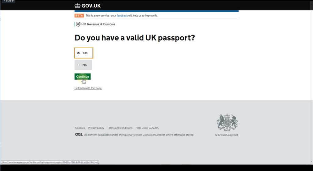 Step 16 You will be asked to confirm that you have a valid UK Passport. Select Yes before clicking Continue.
