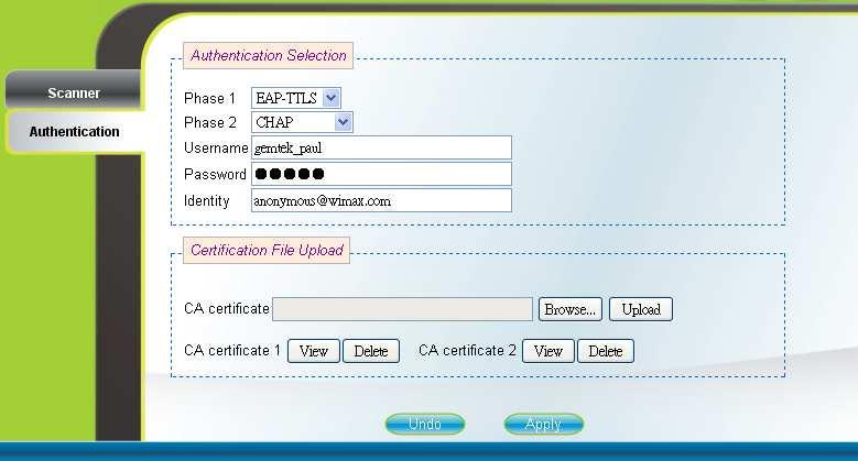 2.7. Authentication WiMAX Authentication (can only be accessed by administrator) Users can enable or disable the authentication by selecting one of the two methods supported, EAP-TLS and EAP-TTLS, or