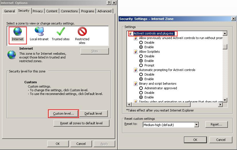 2 Browsing Videos Step 2 In Internet Explorer, choose Tools > Internet Options > Security > Customer level, and set Download unsigned ActiveX controls and Initialize and script ActiveX controls not