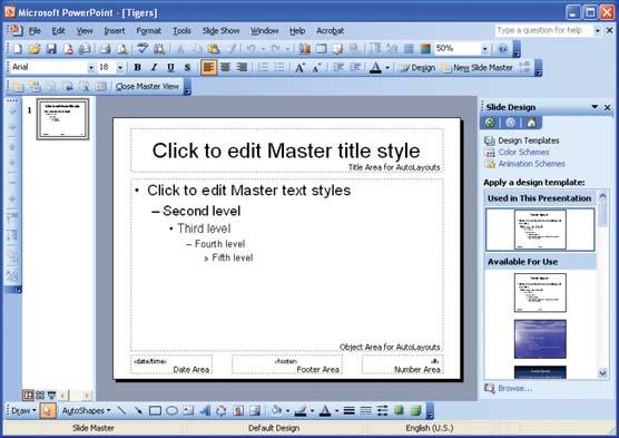 Design Templates Click the Slide Design button on the Formatting toolbar. The Slide Design pane appears. There are options for Design Templates, Colour Schemes and Animation Schemes.