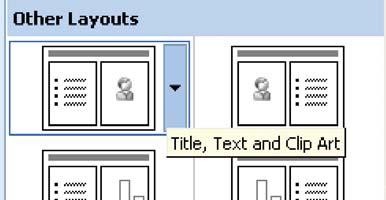 Layouts that include Clip Art The fifth slide will have a picture as well as text, so first you must change its layout. In the Outline pane select Slide 5.