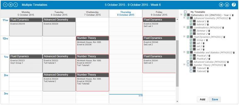 For example as shown above, when the course node for Mathematics 101 is checked, the additional events for the available module Number theory appear on the timetable for Wednesday, even though the