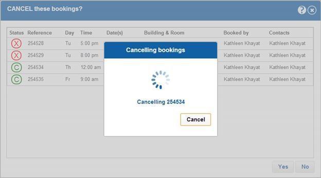 Each booking is processed in turn and as bookings are cancelled their status will be updated as shown above.