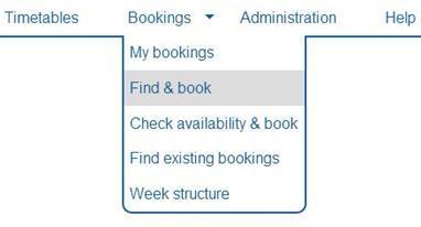 The Find & book dialog is accessed from the Bookings drop down menu as shown above. The Find & book room booking process is presented in the form of a wizard that comprises a number of steps.