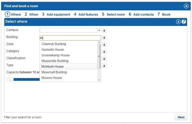 This step shows a number fields that you can use to specify attributes of the room you want to book.