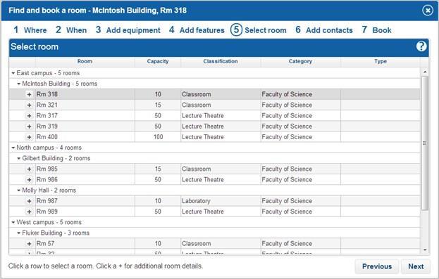 The list presents rooms that match your criteria, the rooms are grouped by campus (if you have more than one) and buildings, the matching