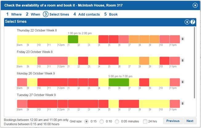 Select times by clicking on available parts of days (yellow sections). This will cause a green block (representing your booking time) to be placed in that section as shown above.