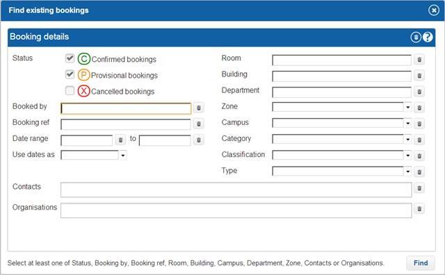 The Find existing bookings dialog is accessed from the Bookings drop down menu as shown above.