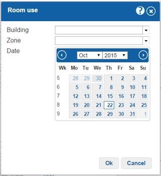 The Room use dialog is accessed from the Administration drop down menu as shown above. The Room use dialog will open with today's date populated by default in the Date field.