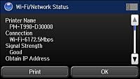 You see a screen like this: 5. Select Print, then press one of the buttons to print the network status sheet. Examine the settings shown on the network status sheet to diagnose any problems you have.