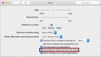 6 Note: macos 10.13.0 does not hide the Dock (ribbon) by default when using KITE Client.