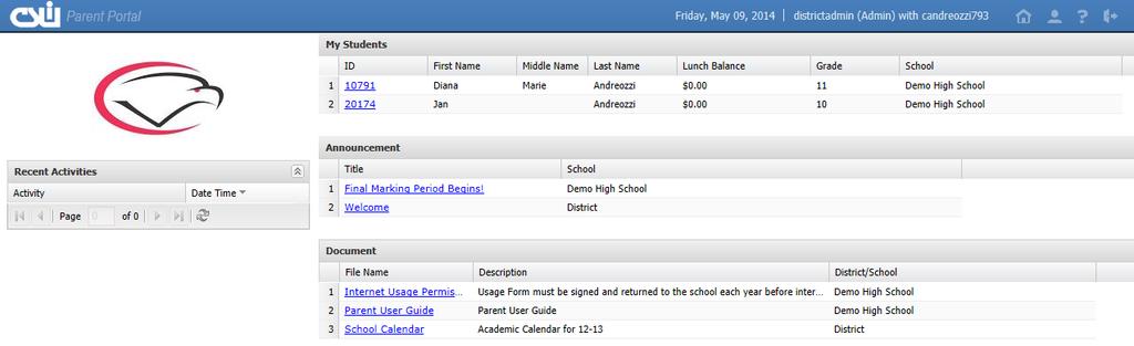 Recent Activity Display dates and times that a parent has accessed the parent portal.