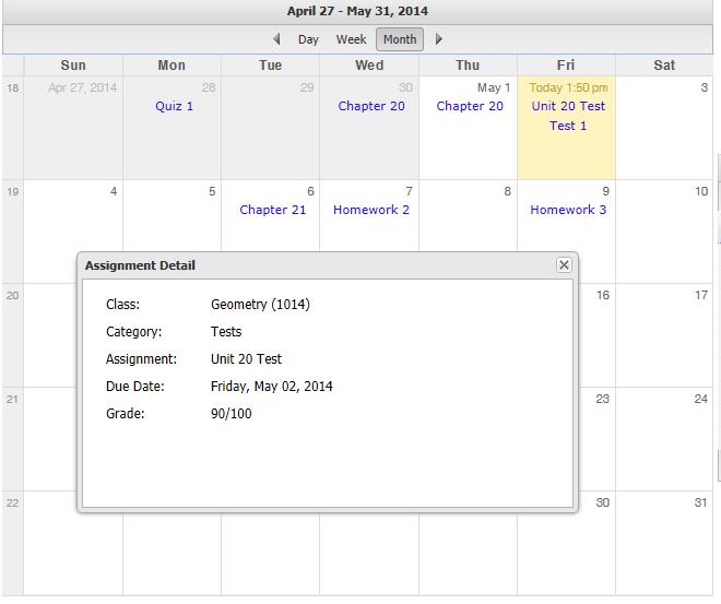 Click an Assignment within the calendar to display