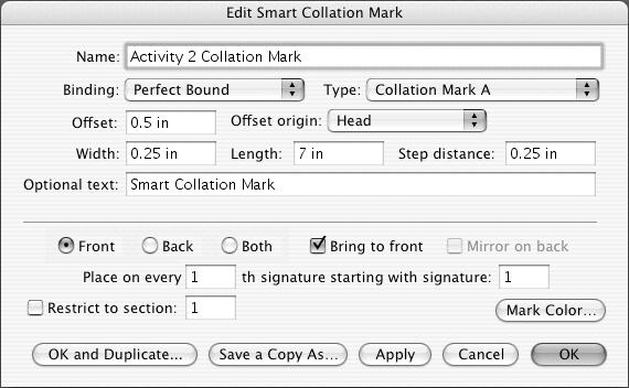 Activity 2: Adding a Smart Collation Mark 91 Important: Preps does not prevent importing or creating saddle-stitch collation marks inside perfect-bound templates, or vice versa.