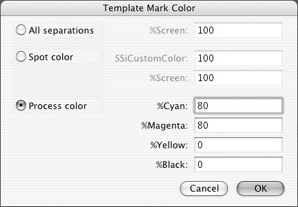 100 Module 5 Marks Table 9: Mark color settings Setting All separations option Spot Color, SSICustomColor, and %Screen option Process color option Description Prints the mark on all separations.