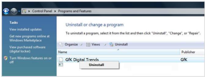 Uninstall the GfK Digital Trends App (Windows XP, Vista, 7, 8.1,10) You can uninstall the GfK Digital Trends App at any moment.