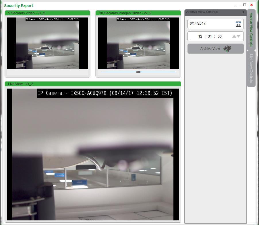 Figure 16: Status Page View- Camera archive The archive window shows three stream windows 1. 5 seconds looping window 2. 30 seconds image slider window 3. Live View. 6.1.9.