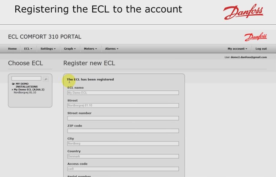To complete the registration process you have to read and accept the terms and grant Danfoss access to the data. Click on Register and the ECL Comfort 310 controller is registered to your account.