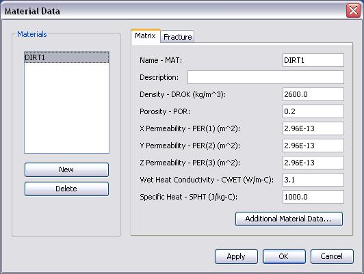 Figure 1.7. Material Data Define Additional Material Data 1. Click the Additional Material Data button. 2. In the Relative Permeability box, select Faust (1985). 3. Click the Misc tab. 4.