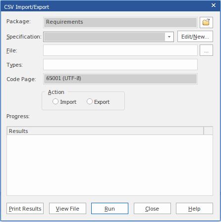 Access Ribbon Publish > Model Exchange > CSV > CSV Import/Export Steps to Import Requirements from a CSV file Step 1 Action The Package defaults to the one selected in the Project Browser into which