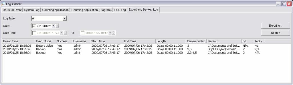 2.9.6 Export and Backup Log View the Export and Backup Log history that had been operated by local or remote user.