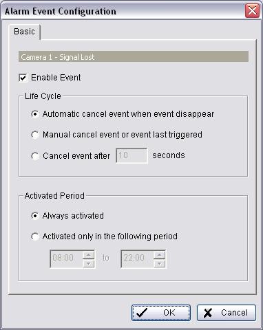 2 Camera Event Basic Setting [Signal Lost, General Motion, Foreign Object, Missing Object, Focus Lost, and Camera Occlusion] Enable Event: Check the box to activate the event.