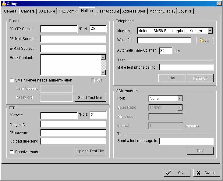 5.5 Setting Hotline Configure the settings of hotlines, including E-mail, FTP, GSM modem and Telephone calls, once an unusual event is detected.