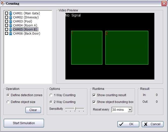 5.12 Counting Application Camera List Operation Start Simulation Options Runtime Camera List: Select which camera would enable counting application.