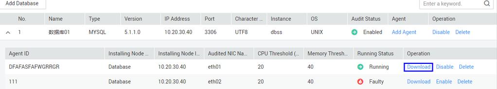 4 Operation Parameter Description Example Value Database Name Agent ID Installing Node Type Installing Node IP Address Audited NIC Name CPU Threshold (%) Memory Threshold (%) Name of a database to
