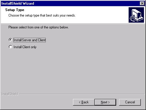 4 CHAPTER 1 2. Click Next. The License Agreement screen appears. 3. If you accept the terms of the license agreement, click Next. The Setup Type screen appears. 4. Select Install Server and Client.