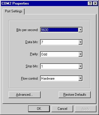 10. The COM Properties dialog box displays: Click each drop-down arrow to select the following settings: a. Bits per second: 9600 b. Data bits: 7 c. Parity: Odd d. Stop bits: 1 e.