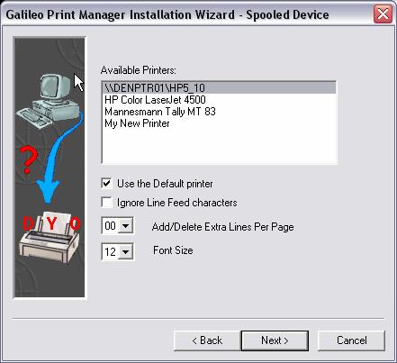 5. The Spooled Device dialog box displays: a. Select the appropriate printer in the Available Printers list. b. If desired, select Use the Default printer. c.