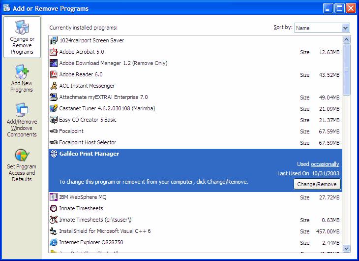 Removing Galileo Print Manager GPM uses the standard Add/Remove Program feature for Windows.