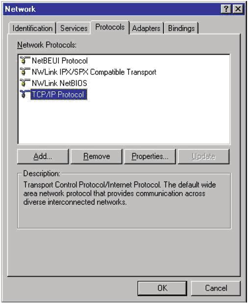 Windows NT4.0 1. Go to Control Panel > Network to display the Network setup window then select the Protocols tab. 2.