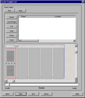 Creating a sample list Displayed on this screen is an empty table for creating a sample list and an interactive, graphical representation of the TopPoint tray that you associated with the selected